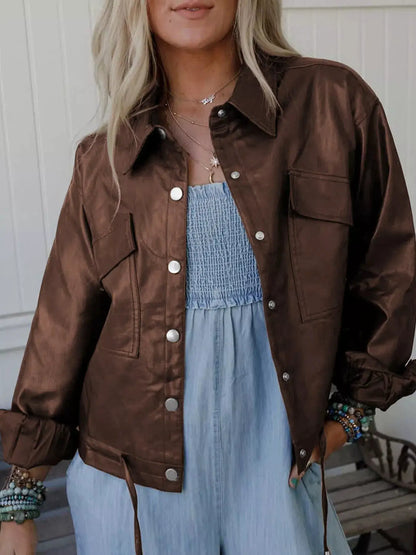 Double Flap Pocket Drawstring Hem Leather Jacket by Trendsi