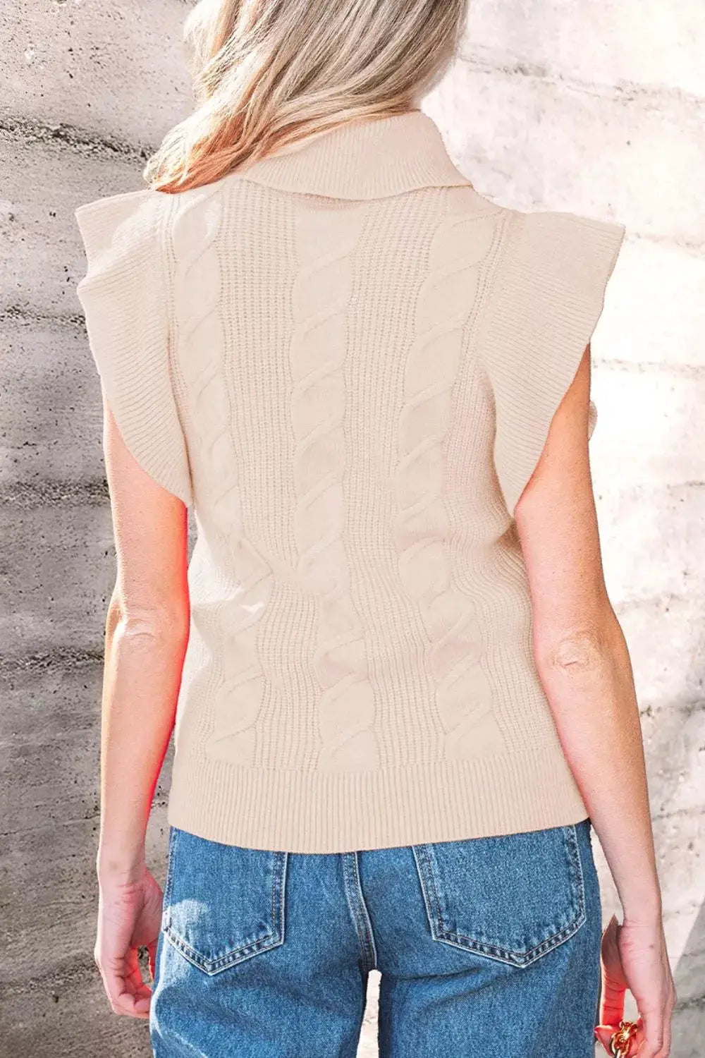 Cable Knit Turtleneck Ruffled Short Sleeve Sweater by Trendsi