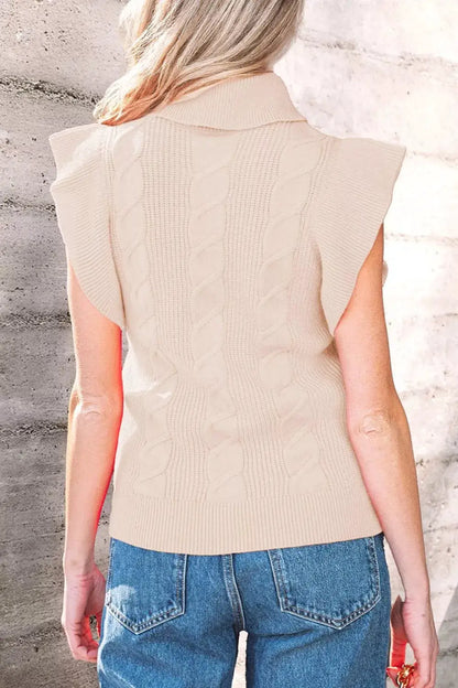 Cable Knit Turtleneck Ruffled Short Sleeve Sweater by Trendsi