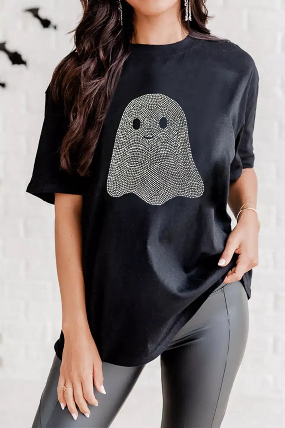 Full Size Rhinestone Ghost Round Neck T-Shirt Plus Size by Trendsi