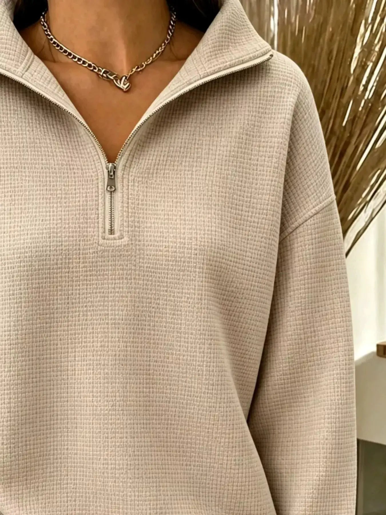Full Size Waffle Knit Quarter-Zip Sweatshirt Plus Size by Trendsi
