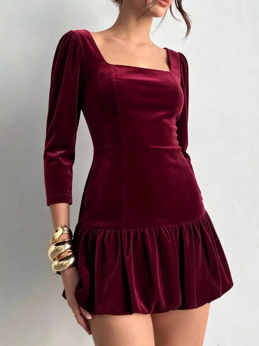Christmas Velvet Square Neck Mini Dress with Ruffled Hem by Trendsi
