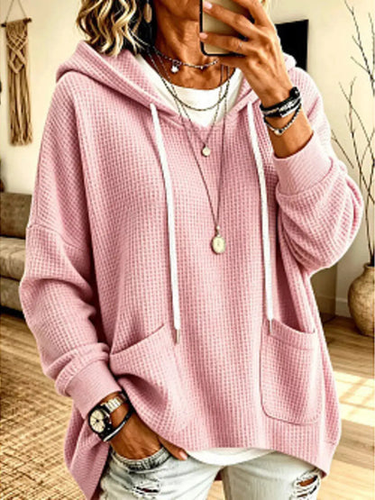 Full Size Waffle Knit Drawstring Long Sleeve Hoodie Plus Size by Trendsi