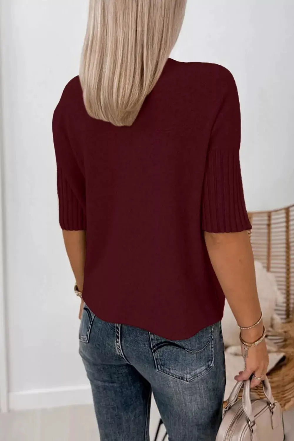Mock Neck Half Sleeve Ribbed Sweater by Trendsi