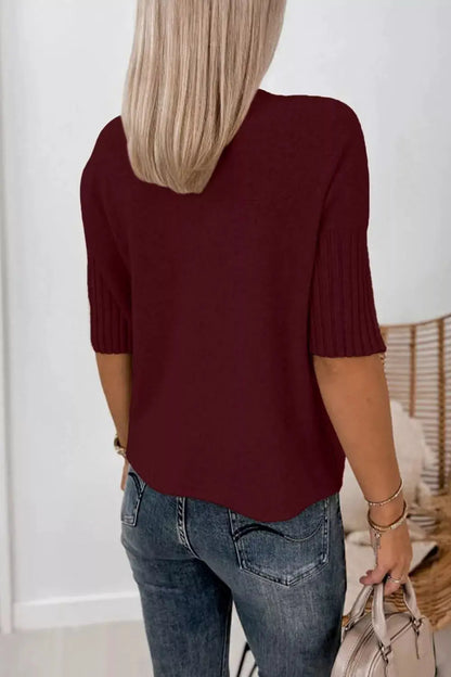 Mock Neck Half Sleeve Ribbed Sweater by Trendsi