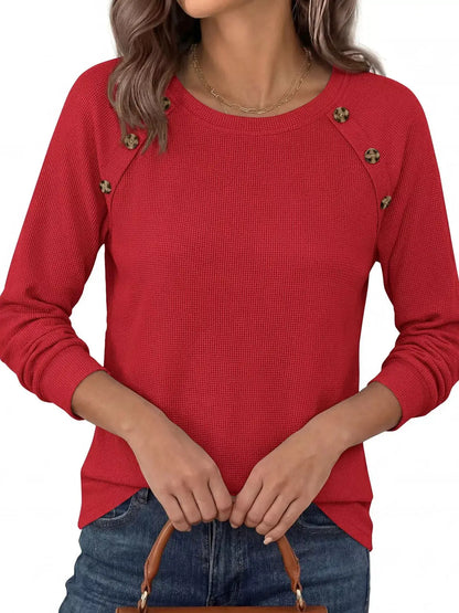 Decorative Button Waffle Knit Long Sleeve T-Shirt by Trendsi
