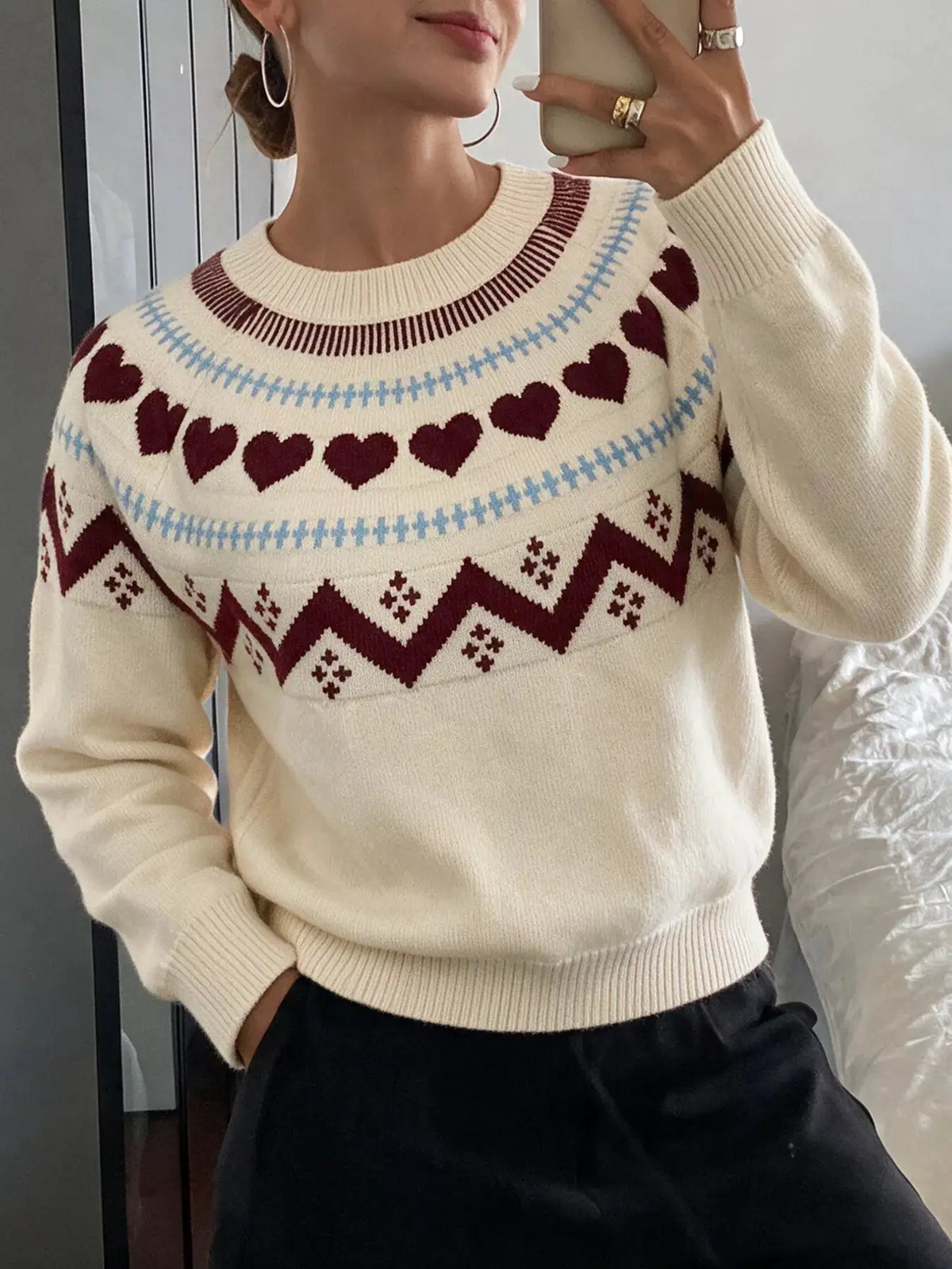 Heart-Patterned Crew Neck Sweater by Trendsi