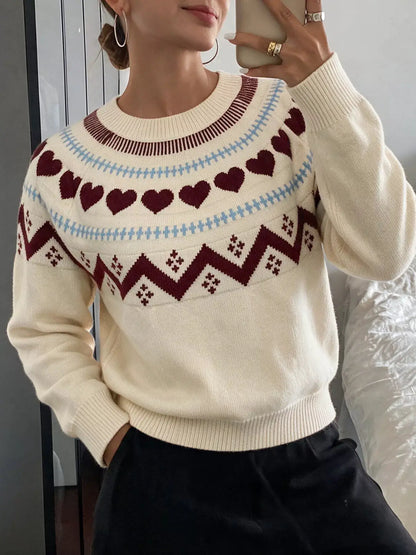 Heart-Patterned Crew Neck Sweater by Trendsi