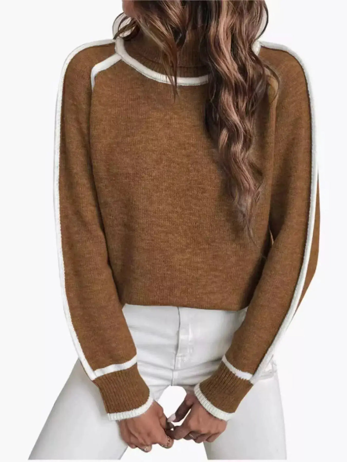 Full Size Contrast Trim Ribbed Hem Turtleneck Sweater Plus Size by Trendsi