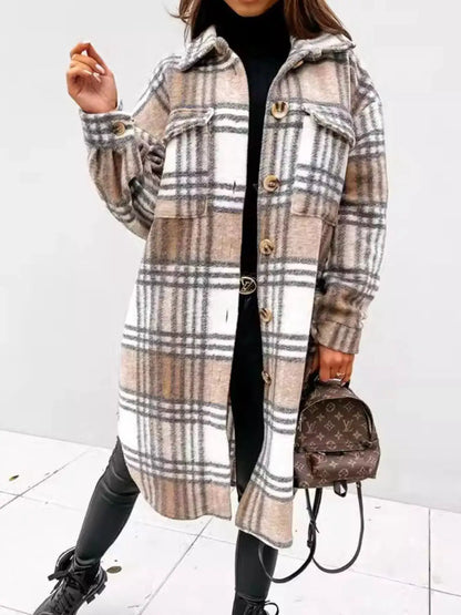 Longline Plaid Button Up Coat by Trendsi