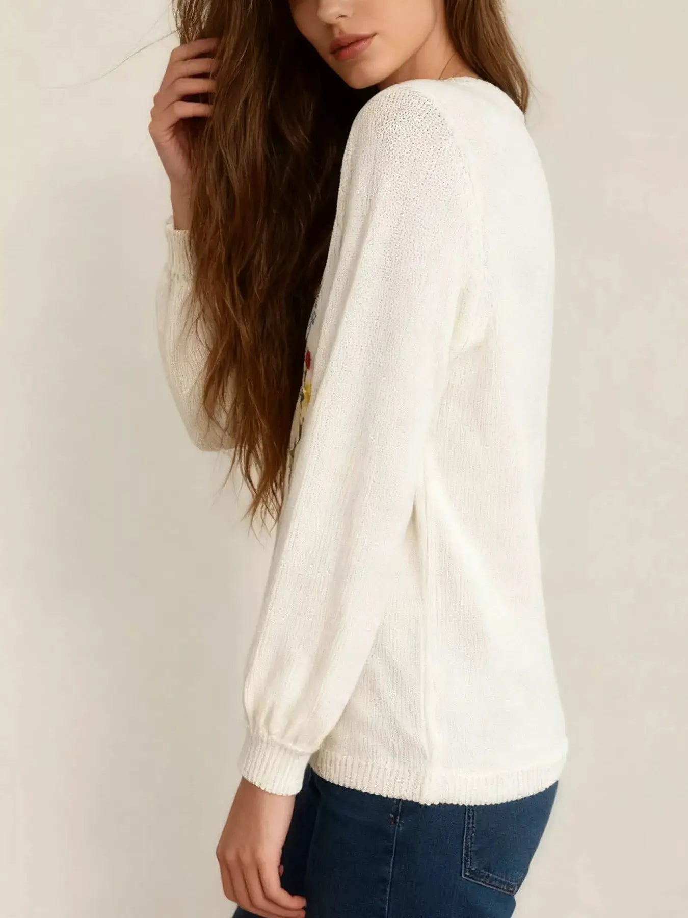 Floral Embroidered V-Neck Sweater by Trendsi