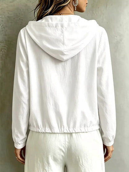 Button Detail Long Sleeve Hooded Blouse by Trendsi
