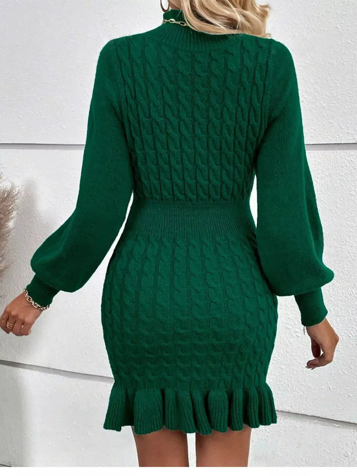 Cable Knit Mock Neck Ruffle Hem Sweater Dress by Trendsi