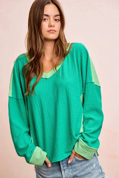 BiBi Textured Jersey Color Block Top With Cut Edge by Trendsi