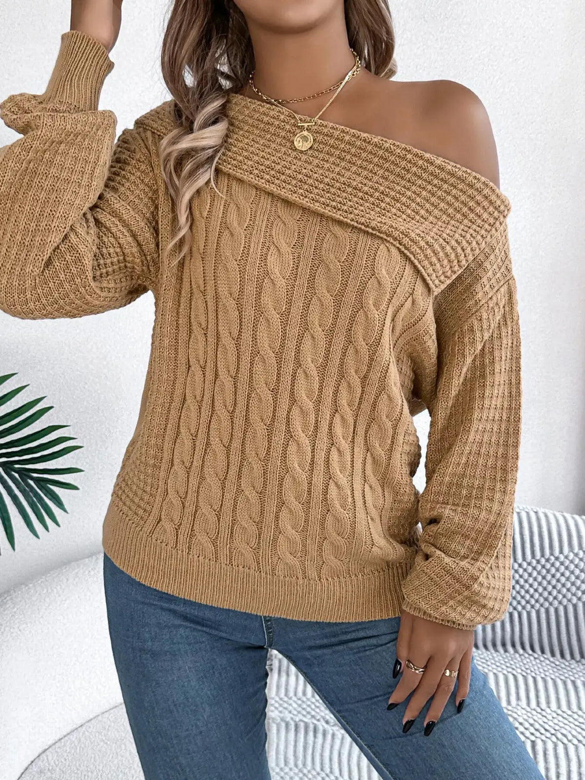 One Shoulder Cable Knit Sweater by Trendsi