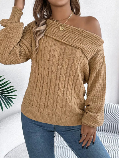 One Shoulder Cable Knit Sweater by Trendsi
