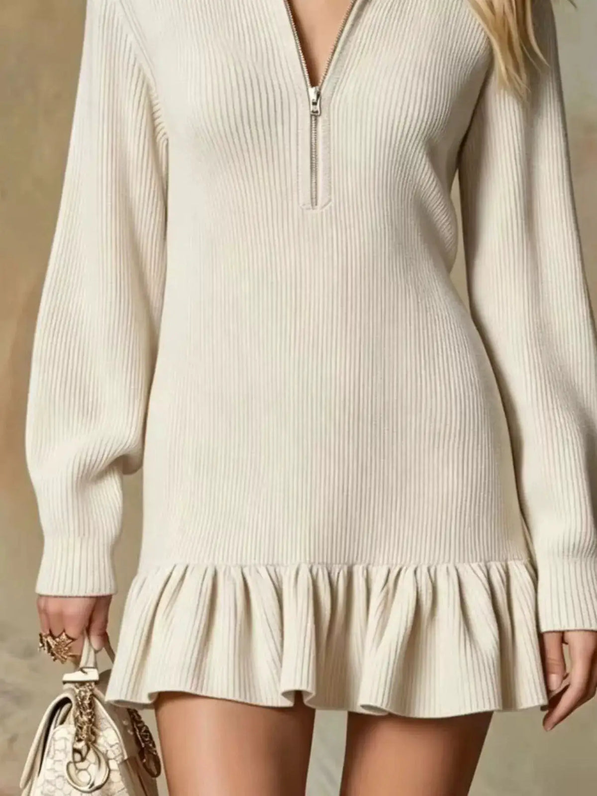 Ruffle Hem Half Zip Dress by Trendsi