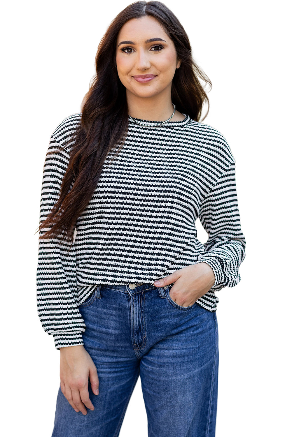 Khaki Stripe Round Neck Drop Shoulder Long Sleeve Top