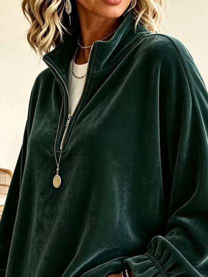 Velvet Quarter-Zip Sweatshirt with Ruffled Cuffs by Trendsi