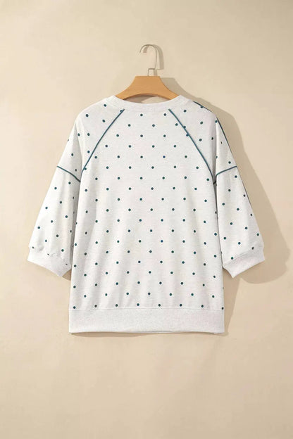 Polka Dot Print Piping Trim 3/4 Sleeve Relaxed Top by Trendsi