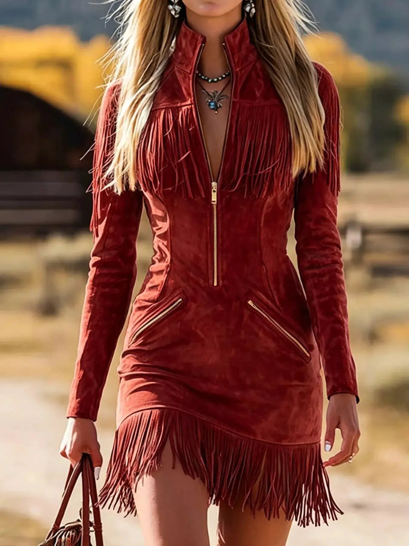 Fringed Zip-Front Mini Dress by Trendsi