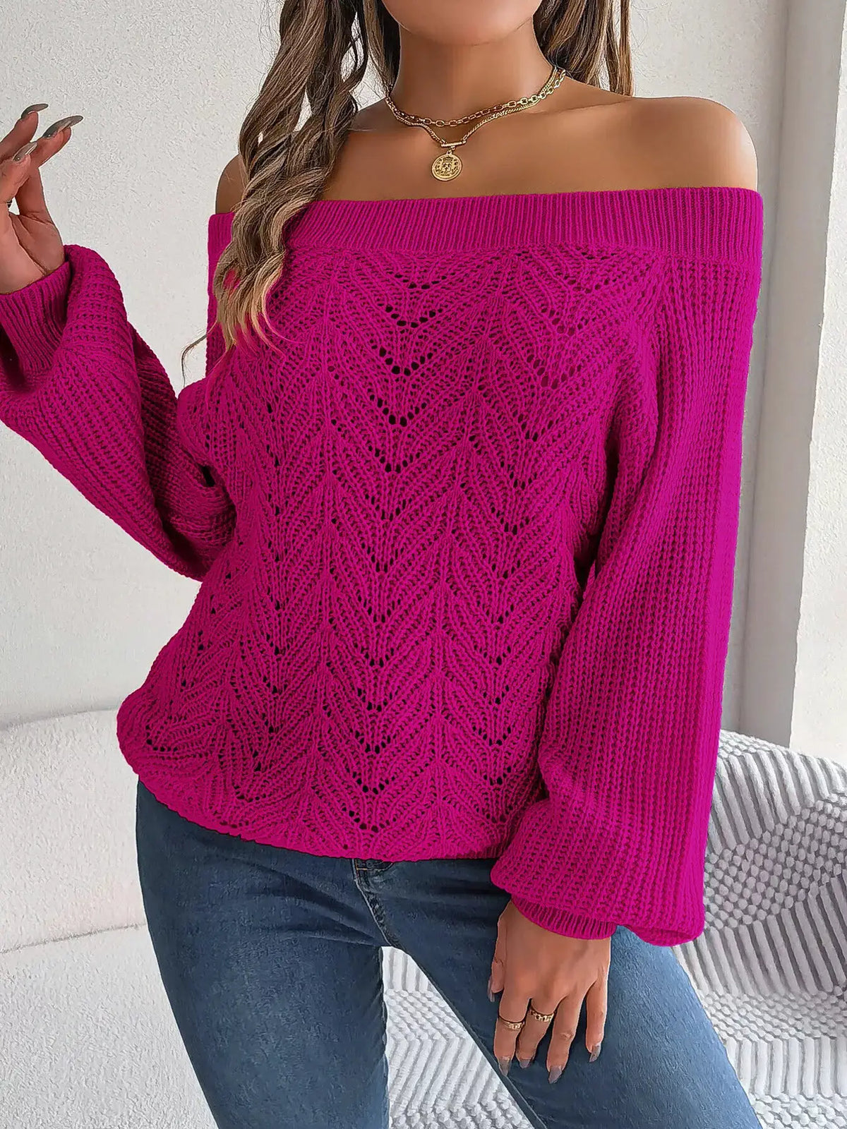 Openwork Off-Shoulder Sweater by Trendsi
