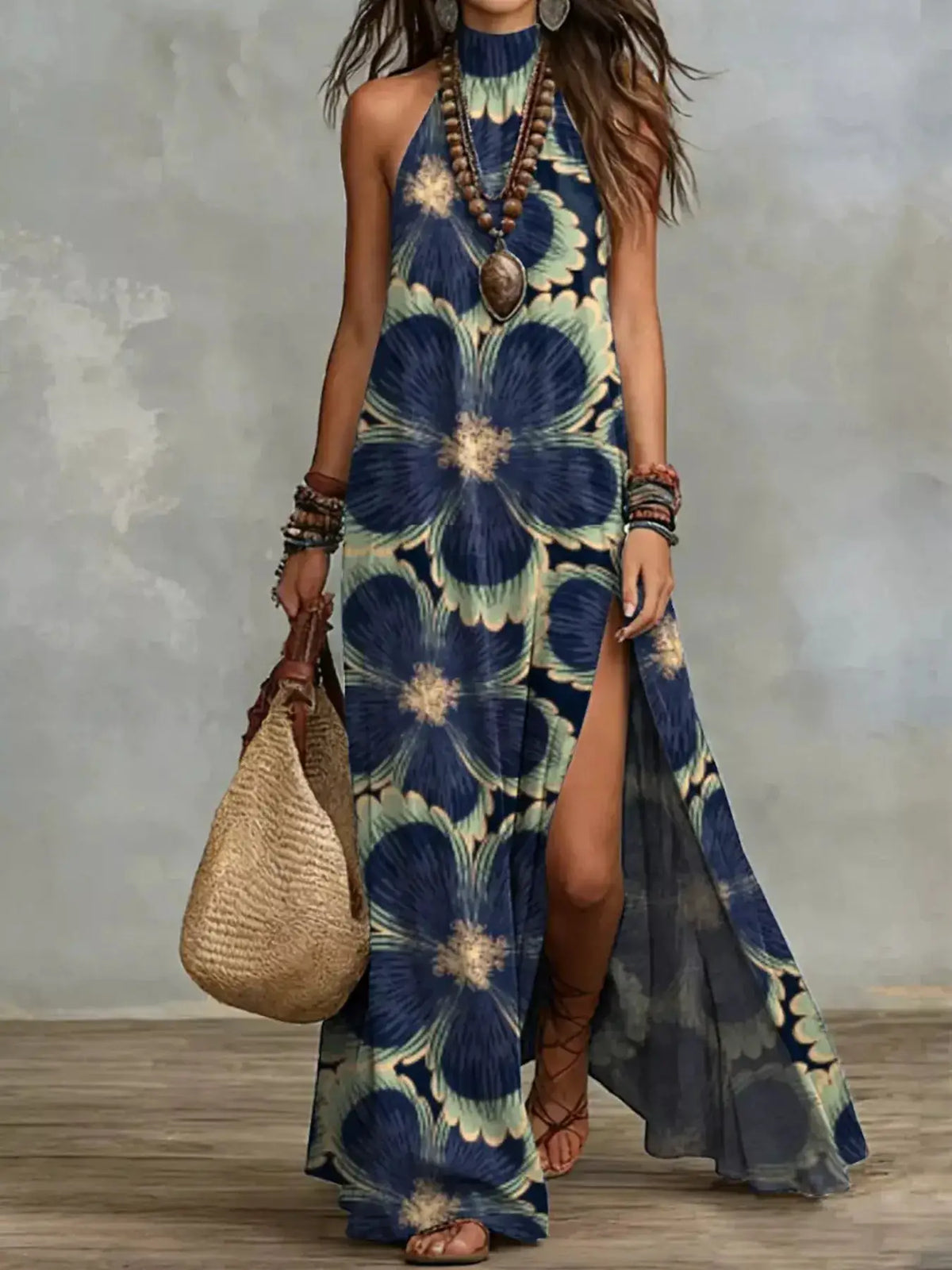 Slit Printed Sleeveless Maxi Dress by Trendsi