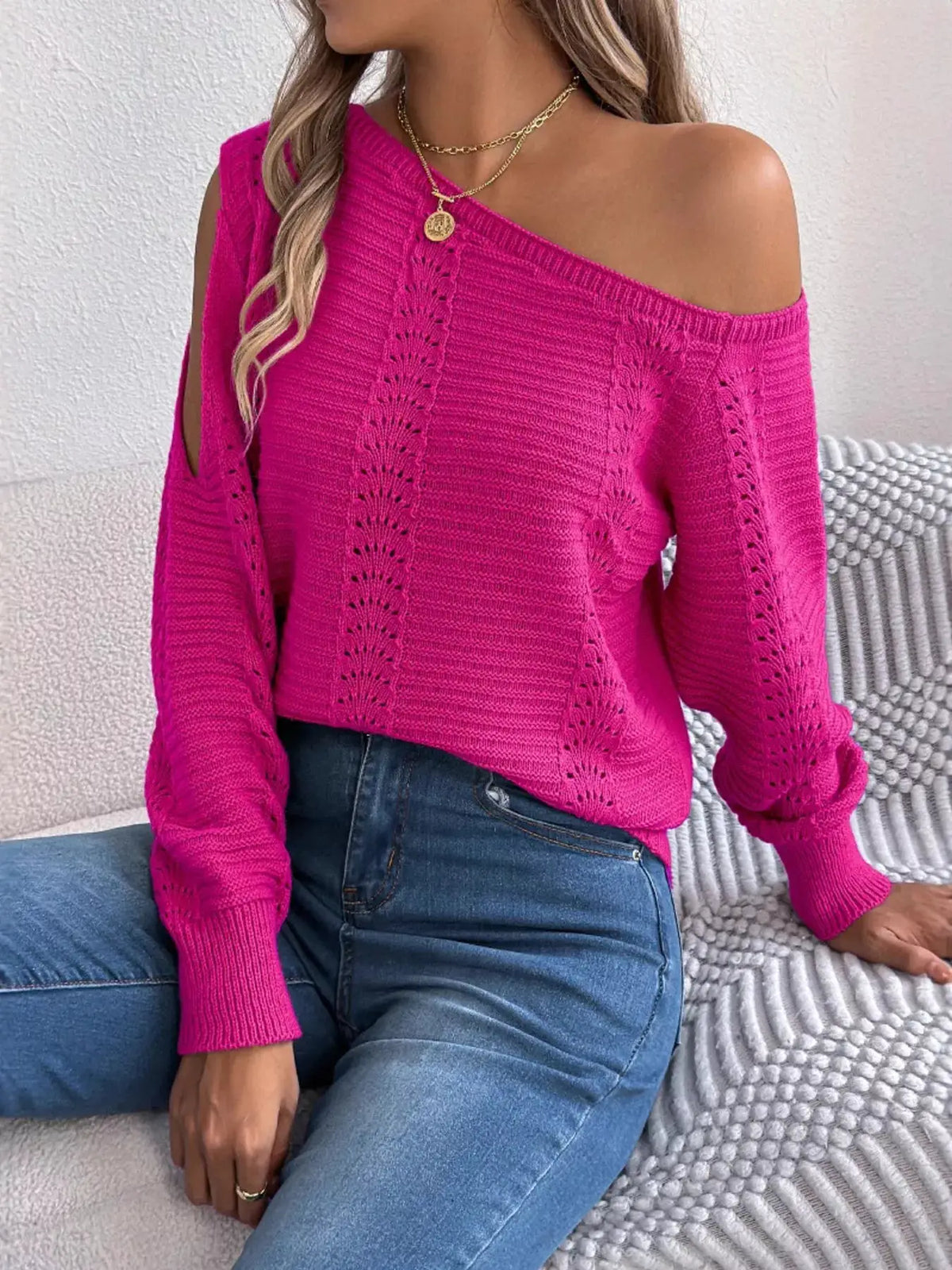 Cold-Shoulder Ribbed Knit Openwork Sweater by Trendsi