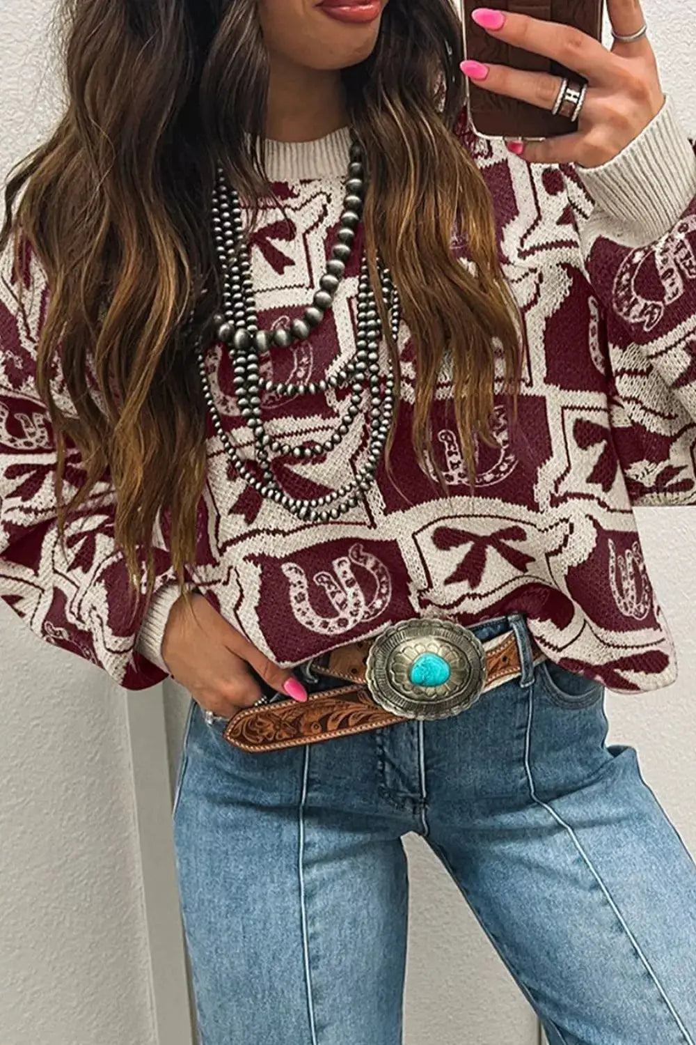 Bows & Horseshoes Pattern Western Round Neck Sweater by Trendsi