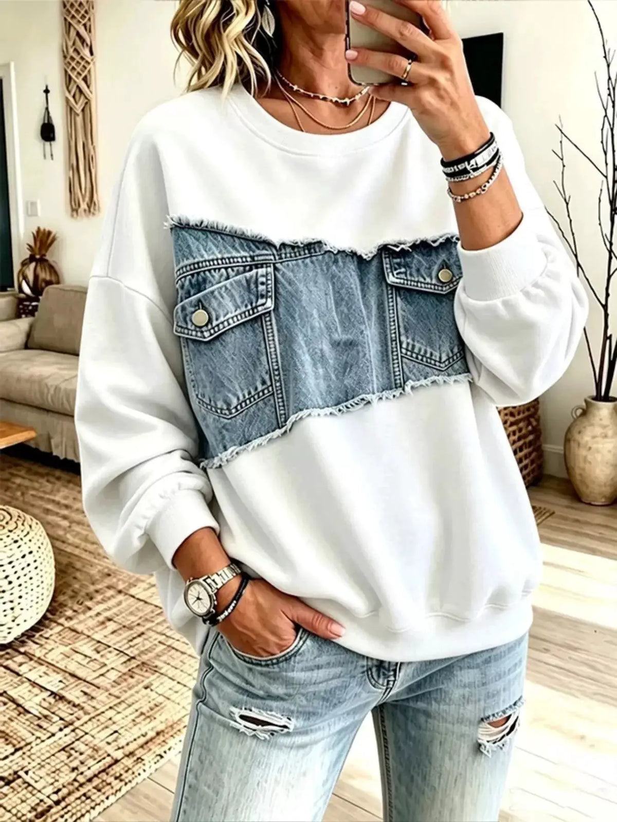 Full Size Denim Patchwork Dropped Shoulder Sweatshirt Plus Size by Trendsi