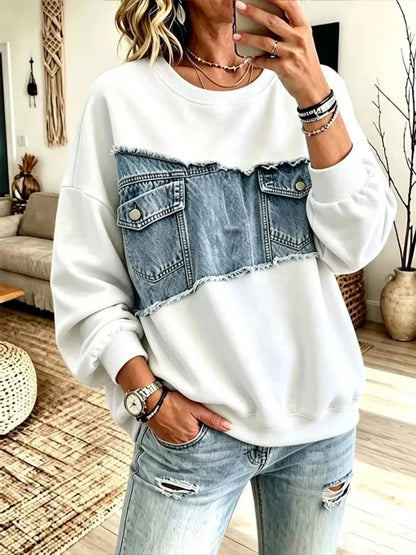Full Size Denim Patchwork Dropped Shoulder Sweatshirt Plus Size by Trendsi