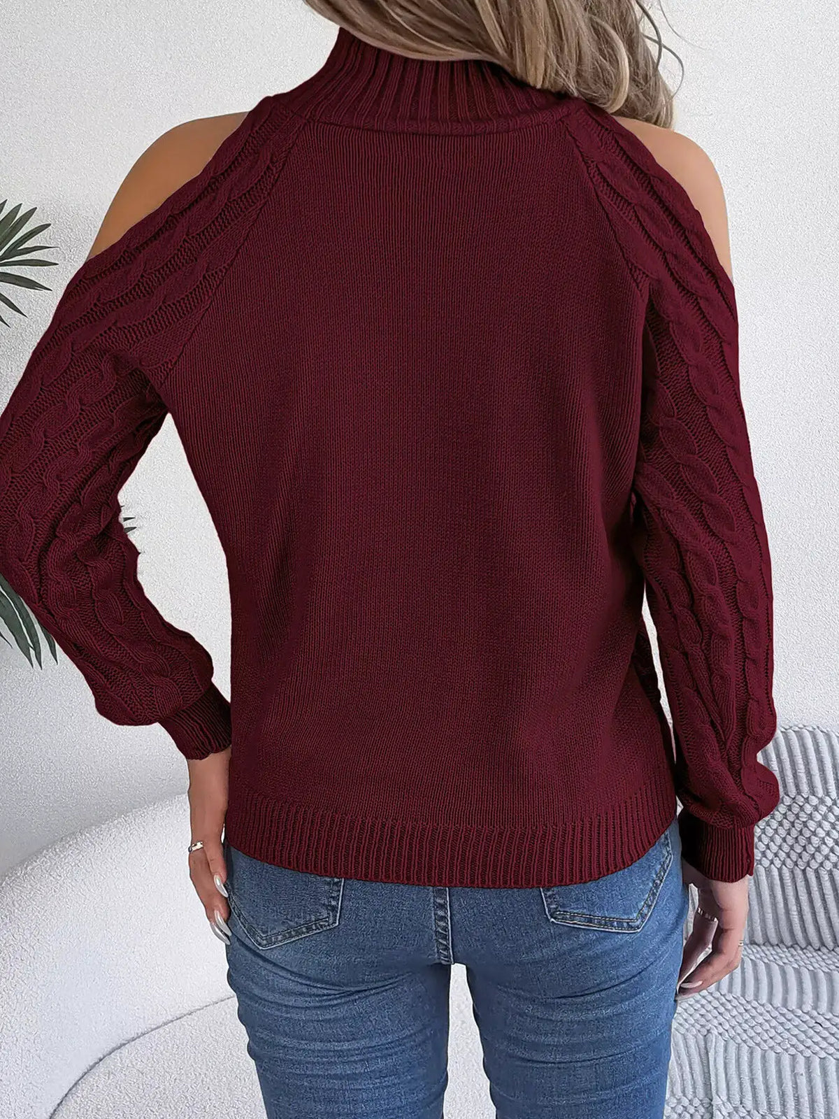 Cold-Shoulder Cable Knit Sweater by Trendsi