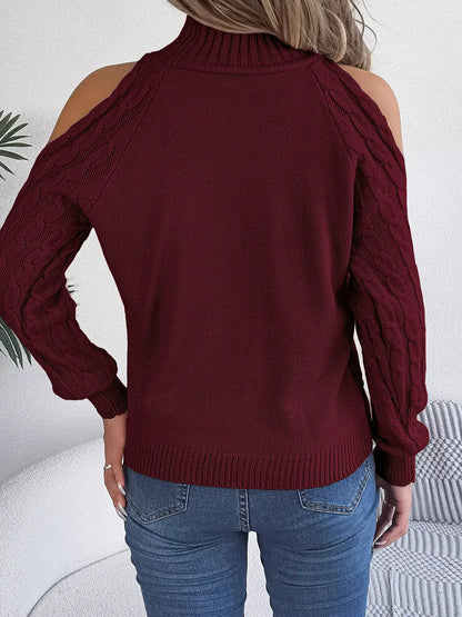 Cold-Shoulder Cable Knit Sweater by Trendsi