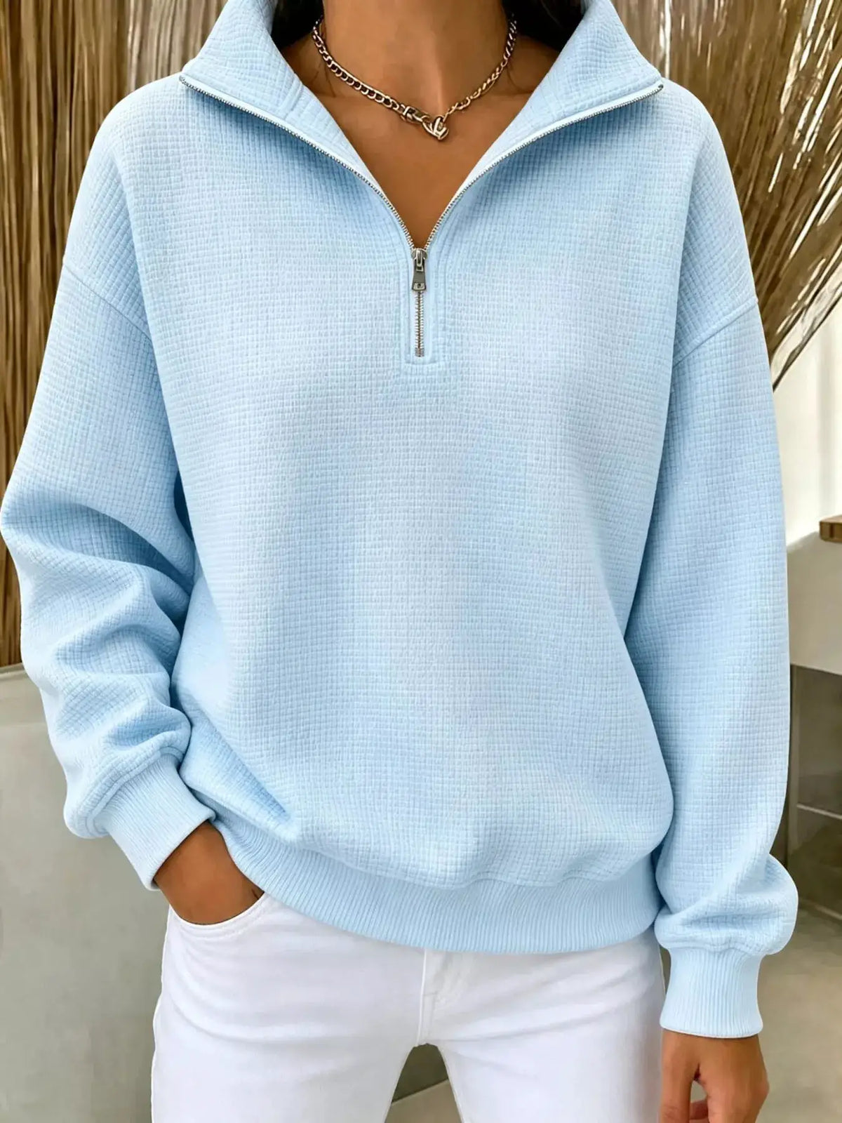 Full Size Waffle Knit Quarter-Zip Sweatshirt Plus Size by Trendsi
