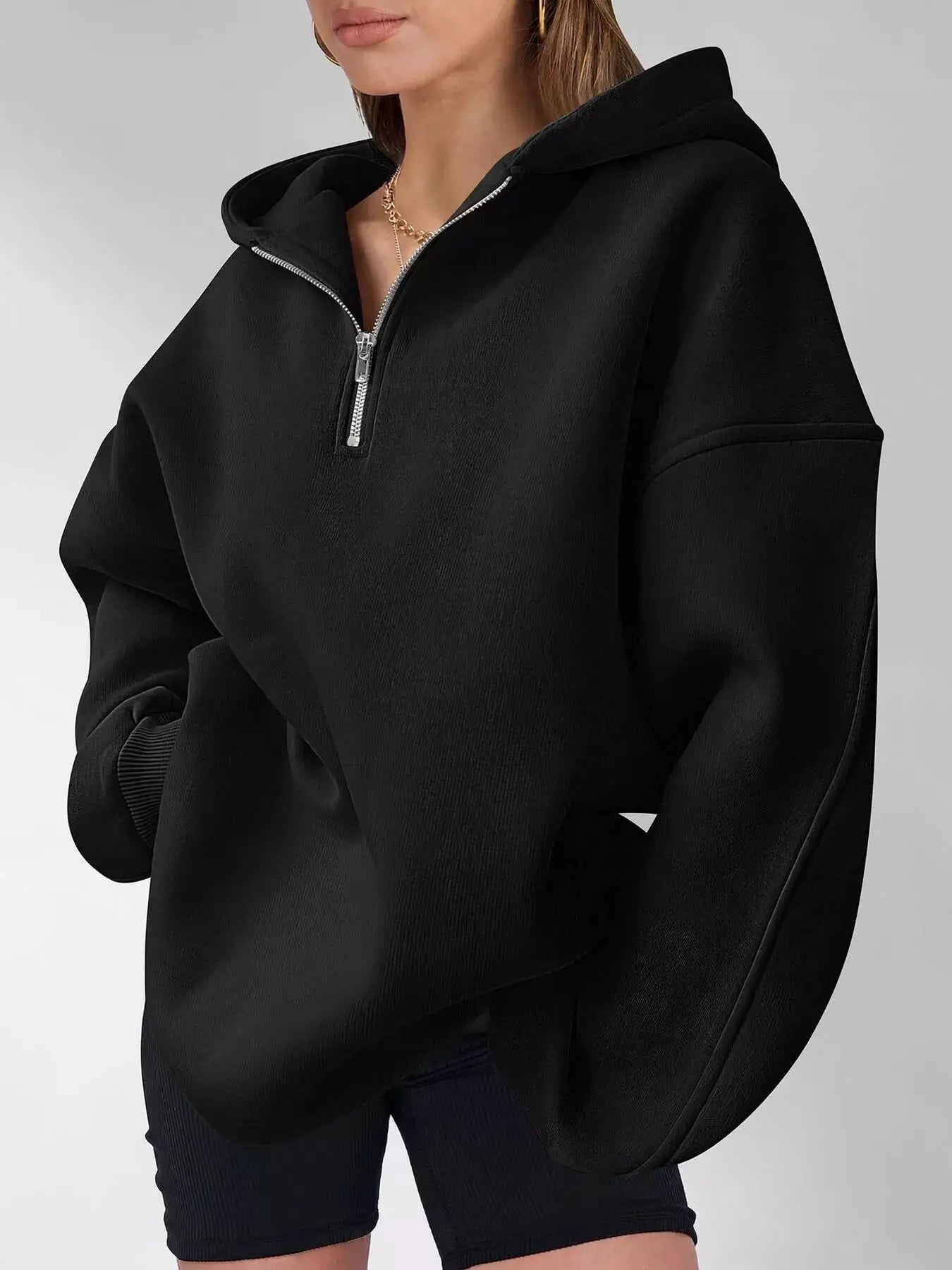 Oversized Quarter-Zip Hoodie by Trendsi