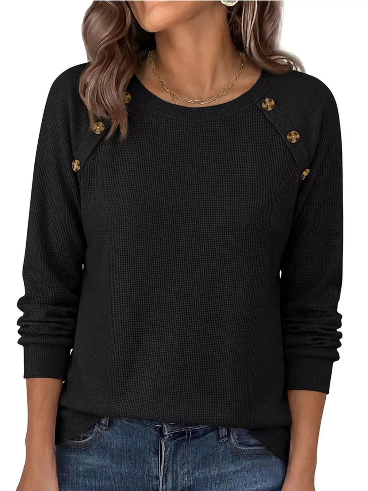 Decorative Button Waffle Knit Long Sleeve T-Shirt by Trendsi