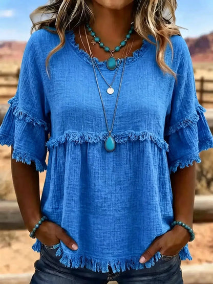Full Size Frayed Edge Textured Blouse Plus Size by Trendsi