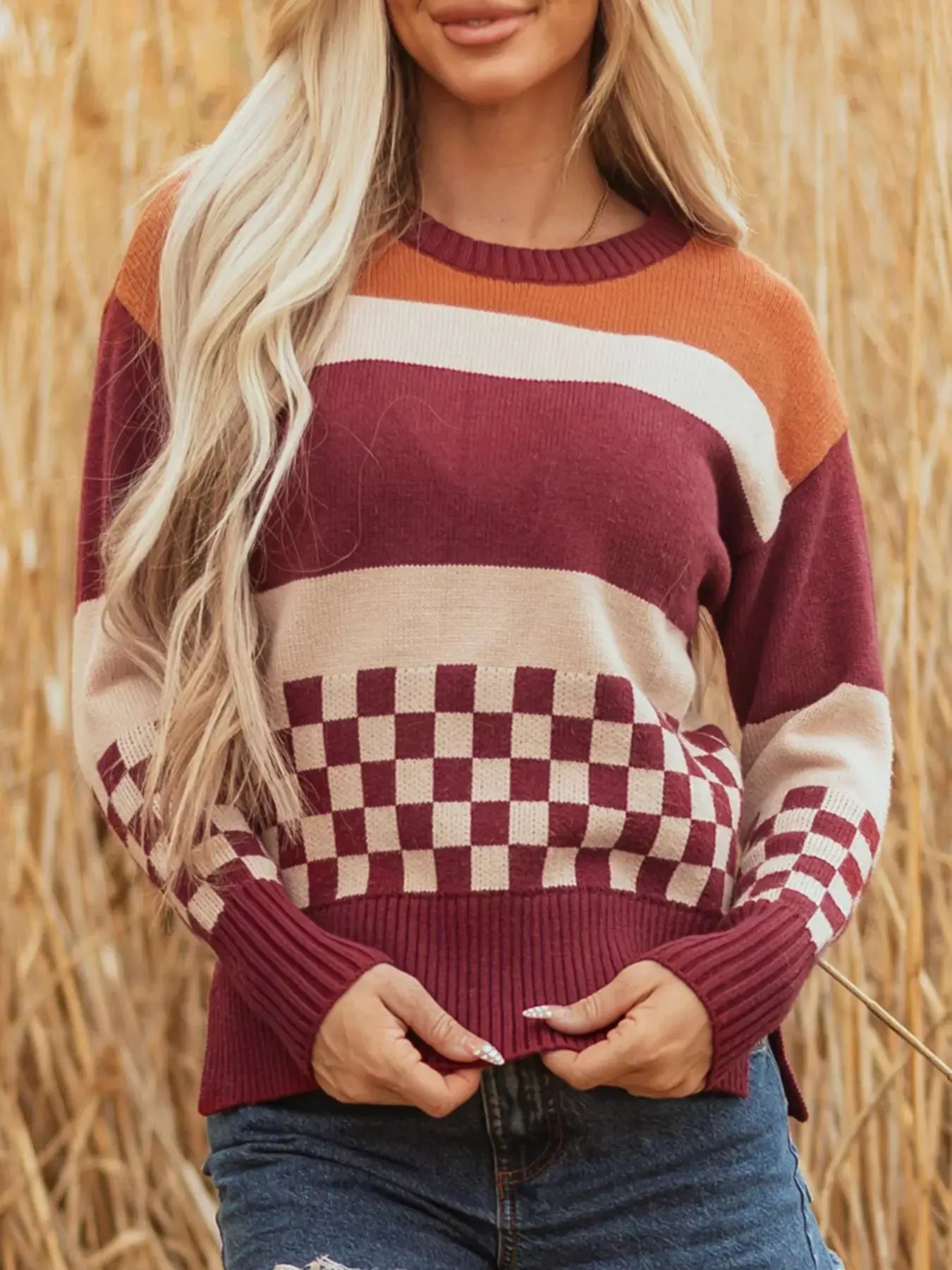 Checkered Color Block Knitted Drop Shoulder Sweater by Trendsi