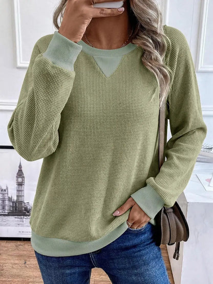 Waffle Knit Crew Neck Long Sleeve Sweatshirt by Trendsi