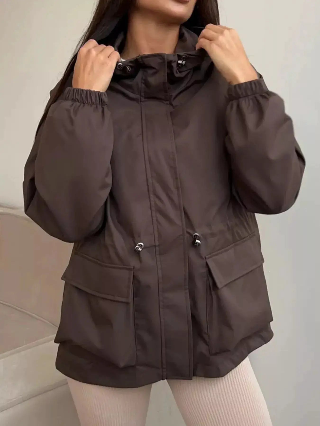 Drawstring Waist Hooded Windbreaker Outerwear by Trendsi