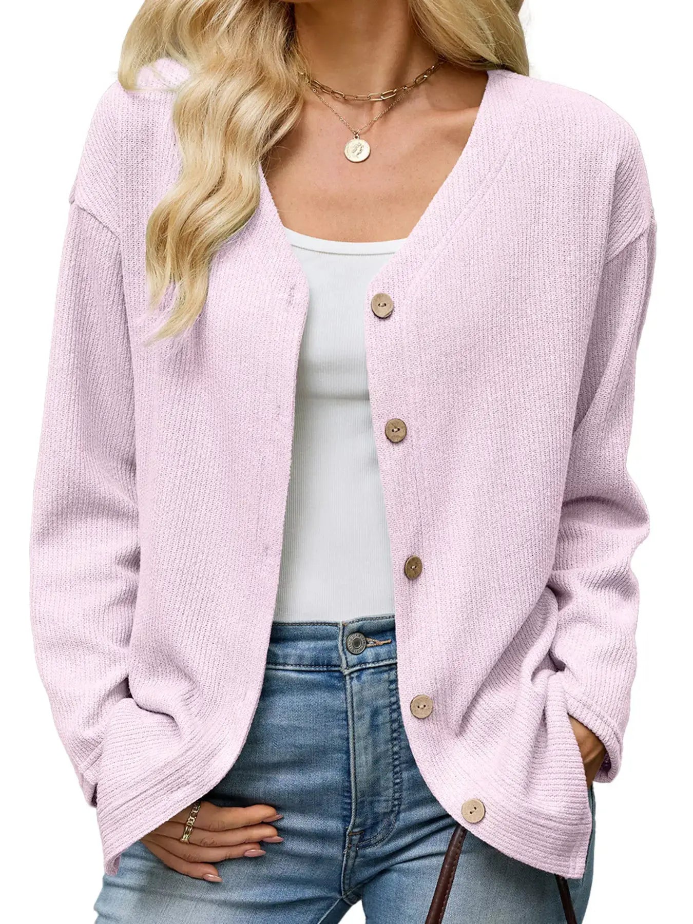 V-Neck Button-Down Cardigan by Trendsi