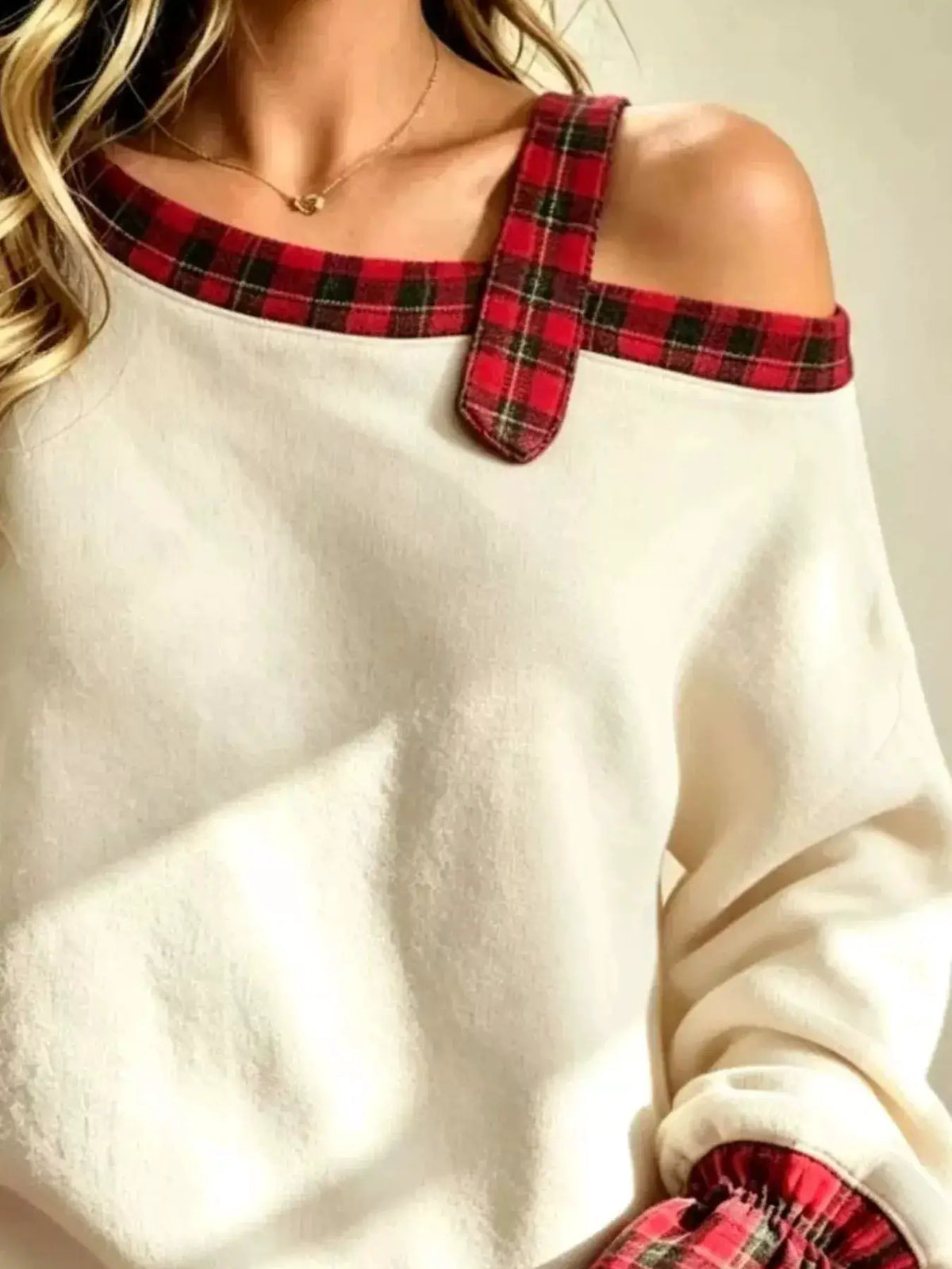 Full Size Cold-Shoulder Plaid Patchwork Long Sleeve Top Plus Size by Trendsi
