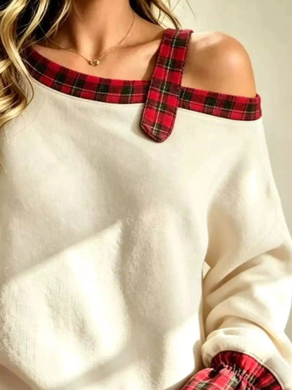 Full Size Cold-Shoulder Plaid Patchwork Long Sleeve Top Plus Size by Trendsi
