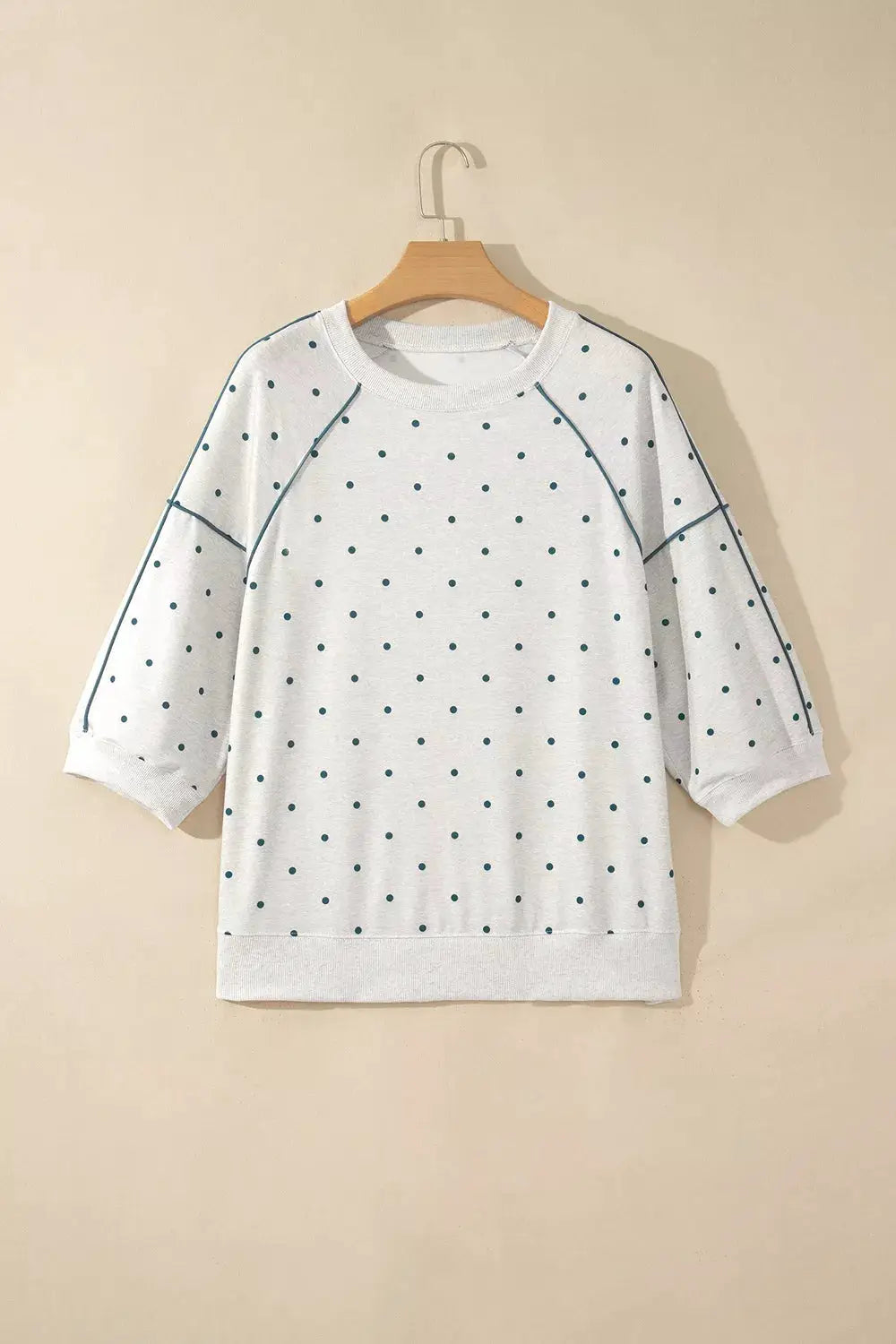 Polka Dot Print Piping Trim 3/4 Sleeve Relaxed Top by Trendsi