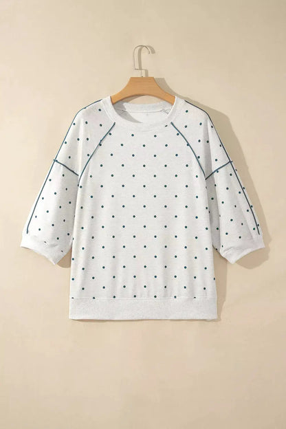 Polka Dot Print Piping Trim 3/4 Sleeve Relaxed Top by Trendsi