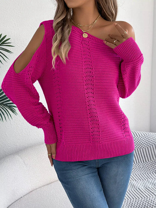 Cold-Shoulder Ribbed Knit Openwork Sweater by Trendsi