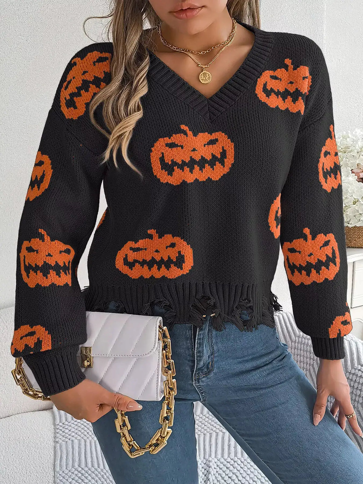 Pumpkin Distressed Hem Sweater by Trendsi