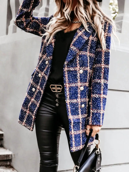Plaid Tweed Double-Breasted Coat by Trendsi