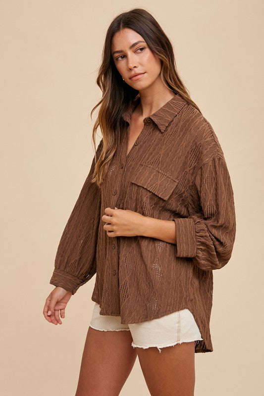 Annie Wear Openwork Button Down Drop Shoulder Shirt