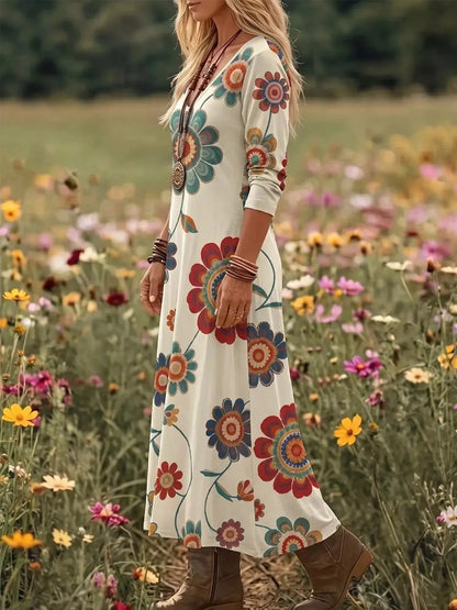 Floral Print V-Neck Long Sleeve Maxi Dress by Trendsi